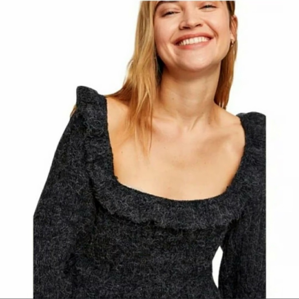 NEW Topshop Charcoal Grey Square Neck Ruffle Open Back Knit Sweater Small